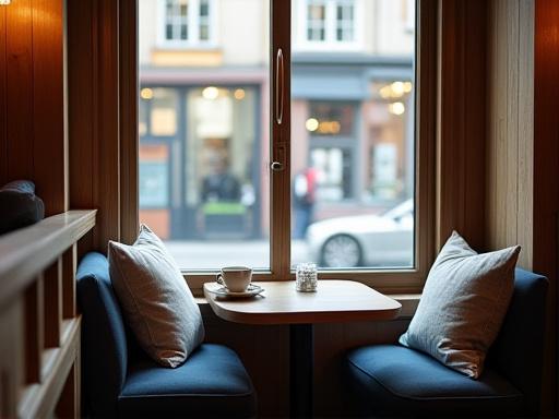 En koselig vinduskrok i kafeen med utsikt mot Fjordgaten.